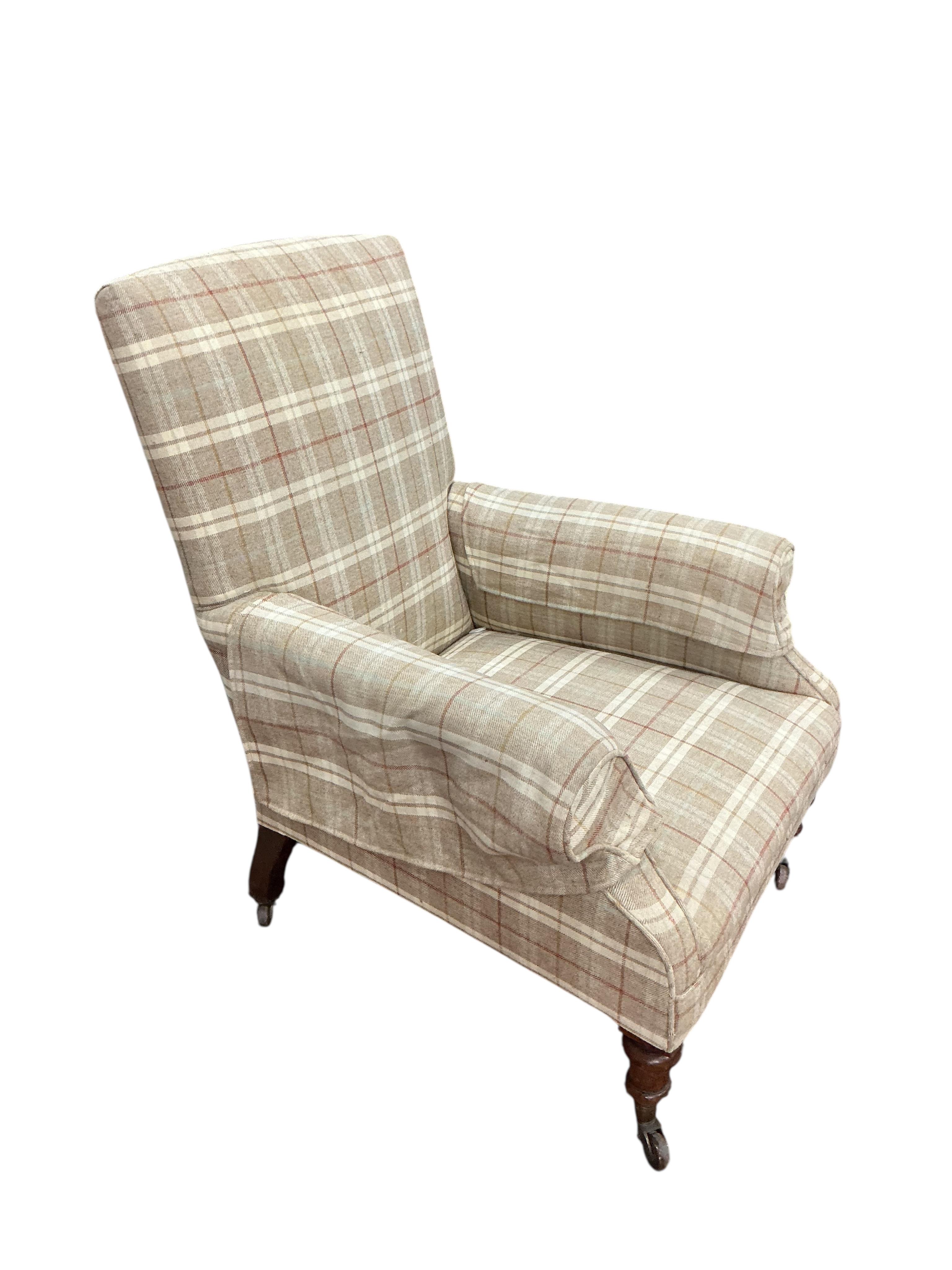 A near pair of Victorian armchairs upholstered in tartan wool fabric, width 76cm, depth 78cm, height 91cm